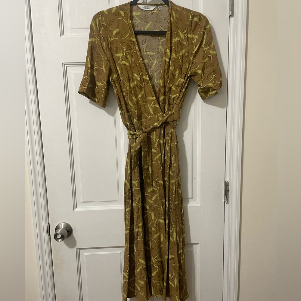 & Other Stories Olive Green Midi Wrap Dress with Yellow Leaf Print
